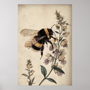 Boho Bee In Purple Flower Print, Moody Bumblebee Poster