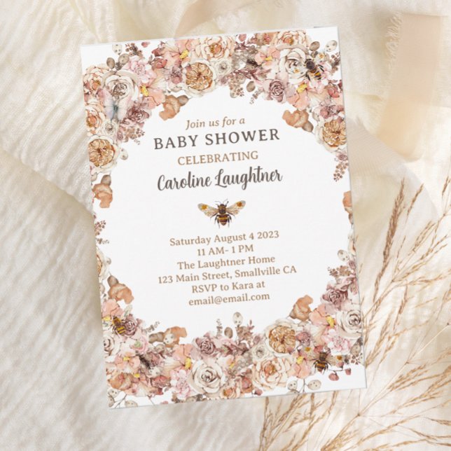 Boho Bee Watercolor Wildflower Baby Shower Invitation (Creator Uploaded)