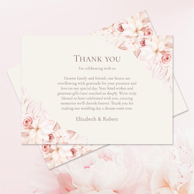 Boho Beige and Pink Roses Wedding Thank You Card (Boho Beige and Pink Roses Wedding Thank You Card on pale pink table with pink roses.)