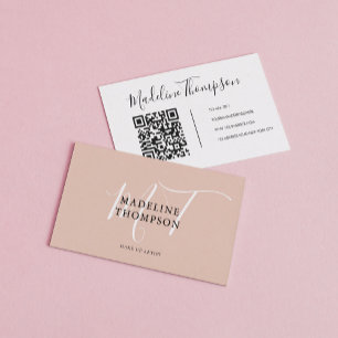 Boho Beige and White Script Calligraphy QR code Business Card
