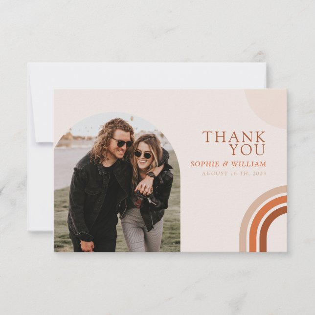 Boho Beige Arch Wedding Flat Thank You Card (Front)
