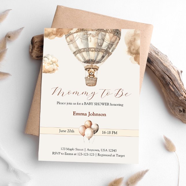 Boho Beige Bear Hot Air Balloon Clouds Baby Shower Invitation (Boho Beige Bear Hot Air Balloon Clouds Baby Shower Invitation)