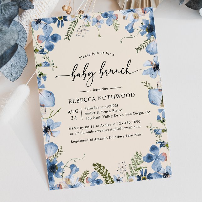  Boho Beige Blue Floral Baby Boy Brunch Shower Invitation (Creator Uploaded)