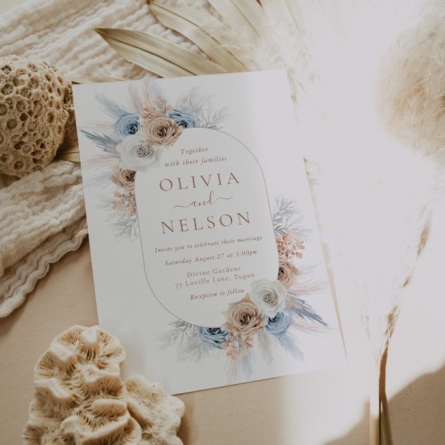 Boho Beige & Blue Floral Frame Wedding Invitation (Creator Uploaded)
