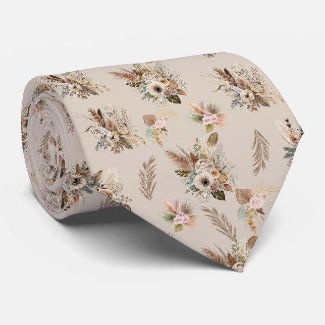 Boho Beige Brown Floral Botanical Trendy Men's Tie (Rolled)