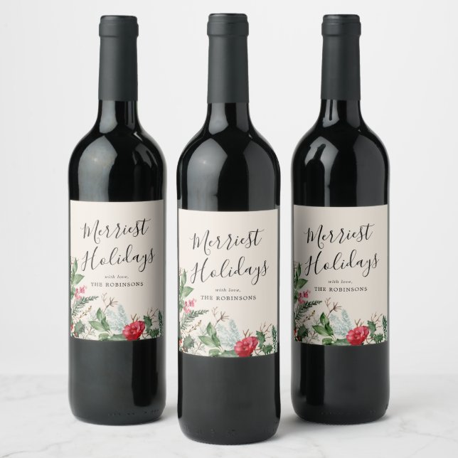 Boho Beige Christmas Winter Botanical Foliage Wine Label (Bottles)