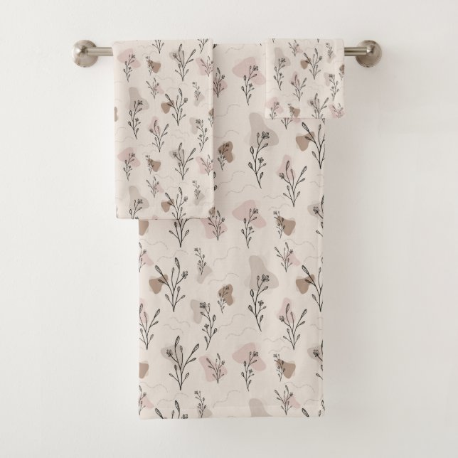 Boho Beige Cream Brown Pink Leaves Abstract Shapes Bath Towel Set (Insitu)