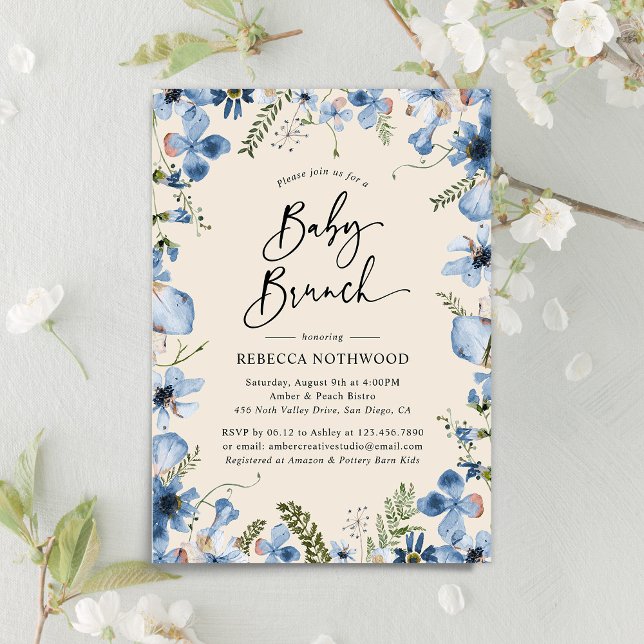 Boho Beige Dusty Blue Floral Baby Shower Brunch Invitation (Creator Uploaded)