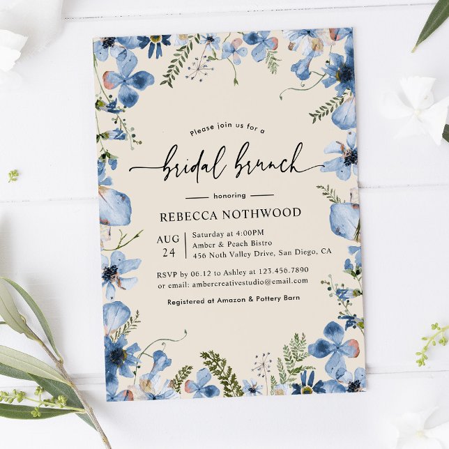 Boho Beige Dusty Blue Floral Bridal Brunch Shower Invitation (Creator Uploaded)