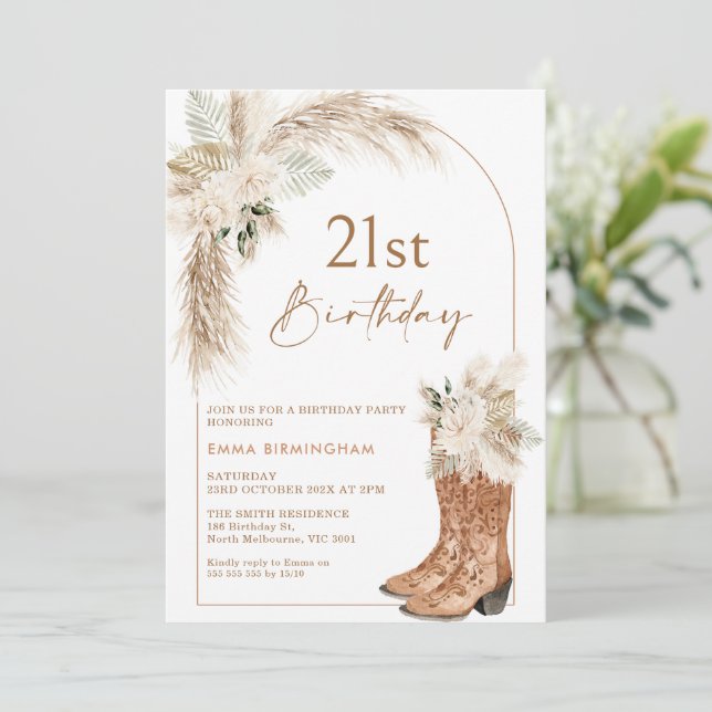 Boho Beige Floral Boots 21st Birthday Invitation (Standing Front)