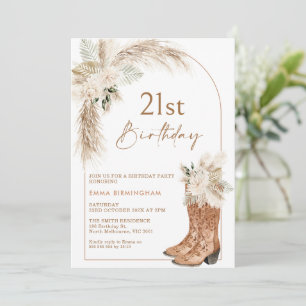 Boho Beige Floral Boots 21st Birthday Invitation