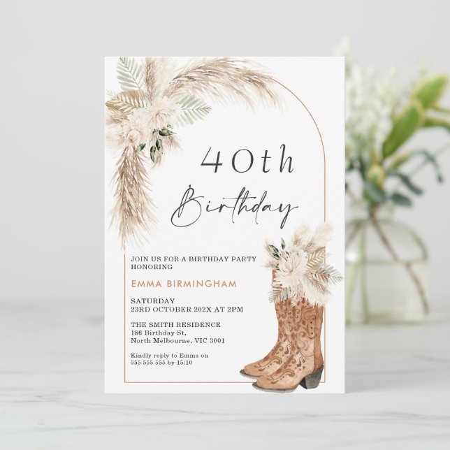 Boho Beige Floral Boots 40th Birthday Invitation (Standing Front)