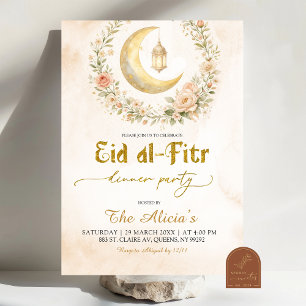 Boho Beige Floral Crescent Ramadan Eid Al-Fitr Din Invitation