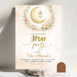 Boho Beige Floral Crescent Ramadan Iftar Party Invitation