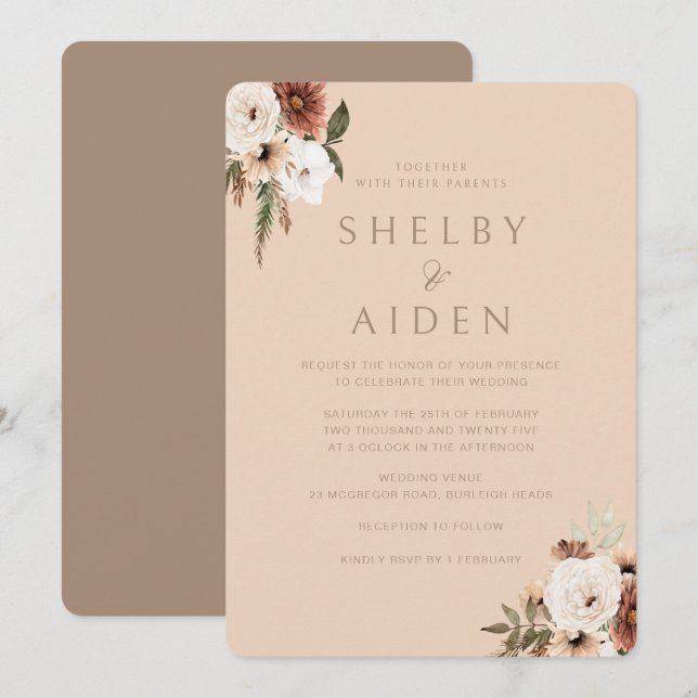 Boho Beige Floral Minimalist Neutral Wedding  Invitation (Front/Back)