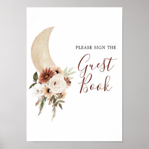 Boho Beige Floral Moon Baby Shower Guest Book