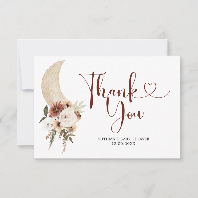 Boho Beige Floral Moon Baby Shower Thank You Card (Front)