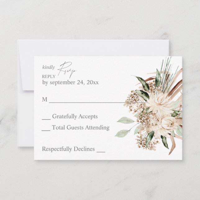 Boho Beige Floral no Meal RSVP Card (Front)