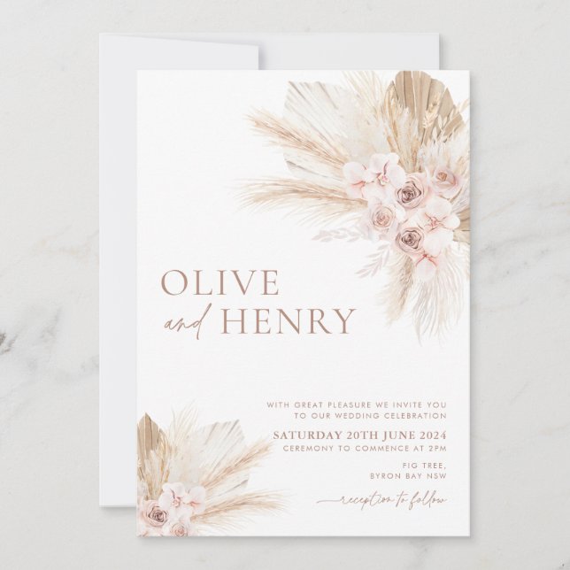 Boho Beige Flowers Pampas Wedding Invitation OLIVE (Front)
