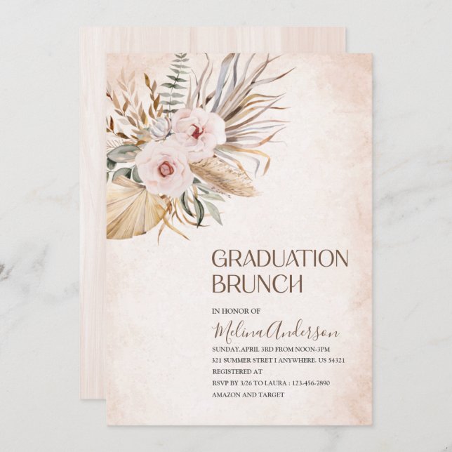 Boho  Beige Flowesr  watercolor graduation brunch Invitation (Front/Back)