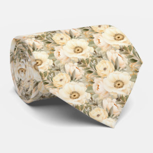 Boho Beige Gold White Roses Floral Neck Tie