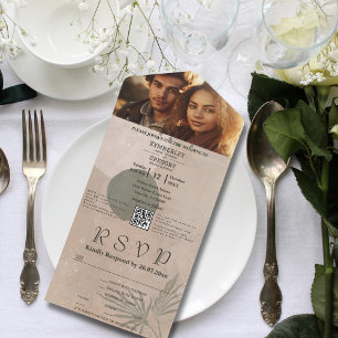 Boho Beige Green Abstract Shape Photo QR Code All In One Invitation