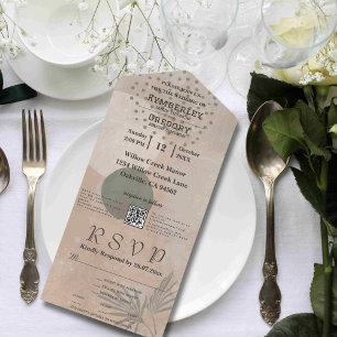 Boho Beige Green Abstract Shape QR Code Minimalist All In One Invitation