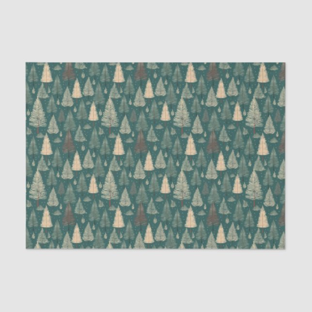 Boho Beige Green Christmas Trees Holiday Tissue Paper (Front)