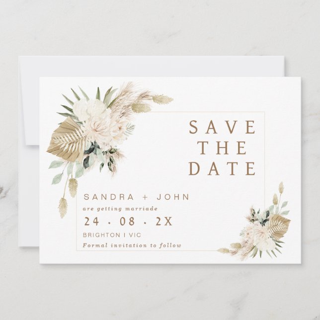Boho Beige Green Floral Save The Date Card (Front)