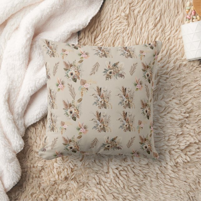 Boho Beige Green Pink Floral Botanical Leaves Cushion (Blanket)