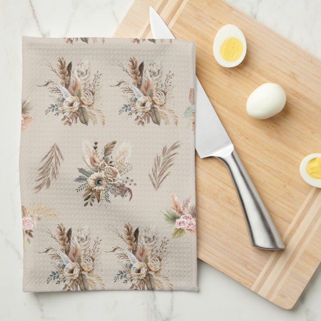 Boho Beige Green Pink Floral Botanical Leaves Tea Towel (Quarter Fold)
