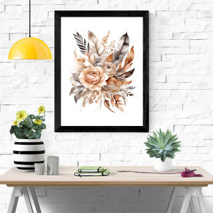 Boho Beige Grey Floral Botanical Feathers Poster
