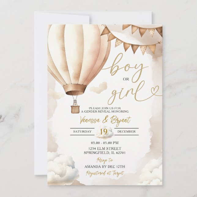 Boho Beige Hot Air Balloon Boy Girl Gender Reveal Invitation (Front)