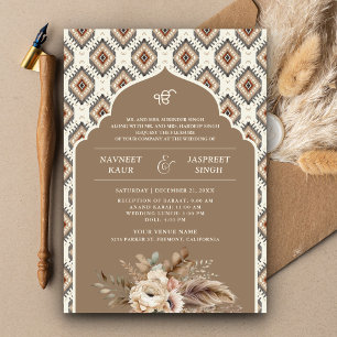 Boho Beige Ivory Ikat Anand Karaj Sikh Wedding Invitation
