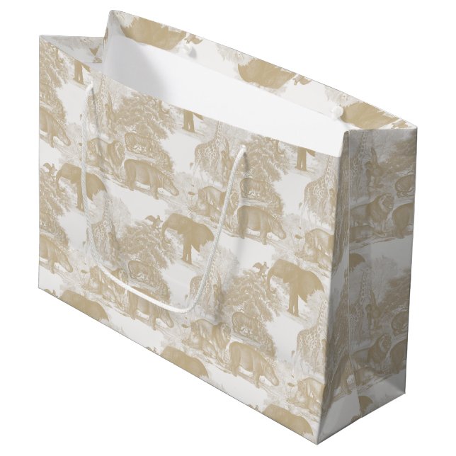 Boho Beige Jungle Animals Safari Chinoiserie Large Gift Bag (Front Angled)