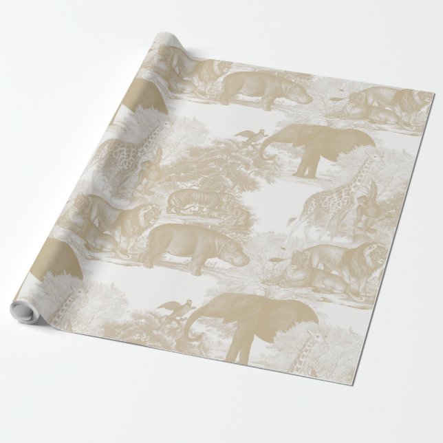 Boho Beige Jungle Animals Safari Chinoiserie Wrapping Paper (Unrolled)