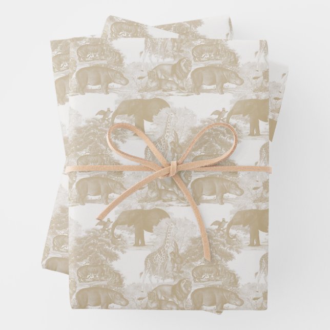 Boho Beige Jungle Animals Safari Chinoiserie Wrapping Paper Sheet (In situ)
