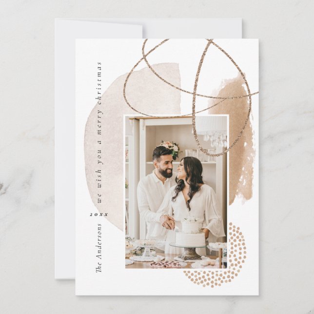 Boho Beige Modern Geometric Photo Holiday Card (Front)