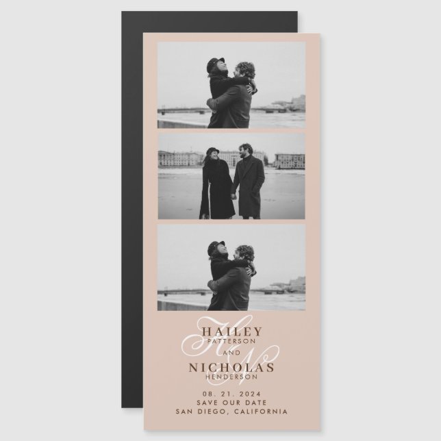 Boho Beige Monogram Photo Strip Magnetic Wedding (Front/Back)