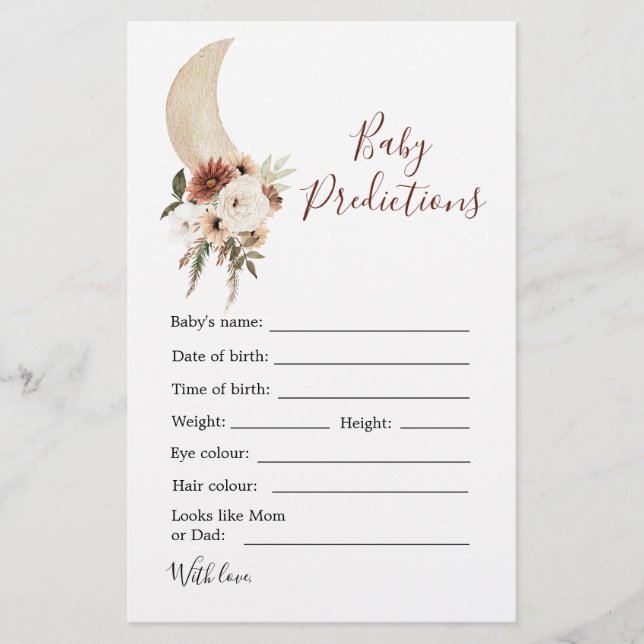 Boho Beige Moon Baby Shower Baby Prediction (Front)