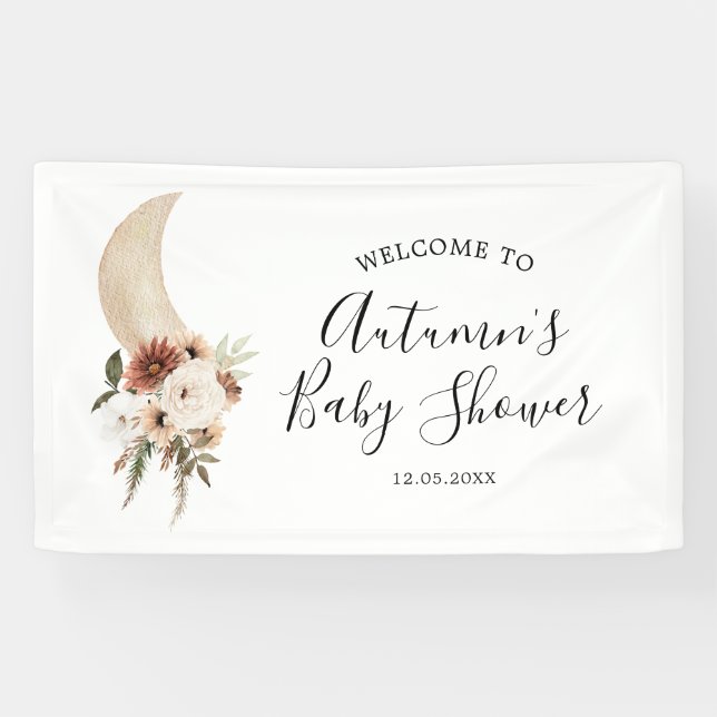 Boho Beige Moon Floral Baby Shower Large Banner (Horizontal)