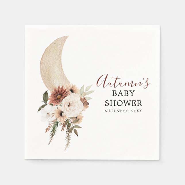 Boho Beige Moon Floral Baby Shower Paper Napkin (Front)