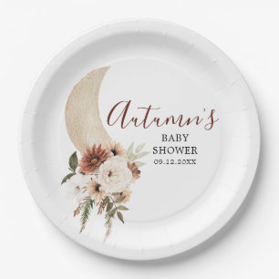 Boho Beige Moon Floral Baby Shower Paper Plate