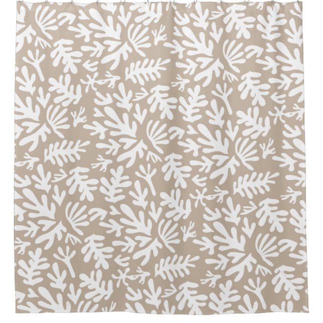 Boho Beige Neutral Botanical Shapes Pattern Shower Curtain (Front)