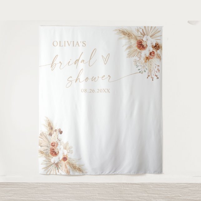 Boho Beige Pampas Grass Bridal Shower Backdrop Tapestry (Front)
