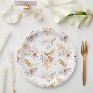Boho Beige, Pampas Grass Terracotta Watercolour We Paper Plate