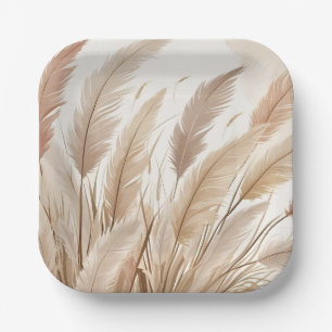 Boho Beige Pampas Grass Wedding Paper Plate