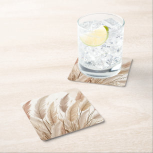 Boho Beige Pampas Grass Wedding Square Paper Coaster