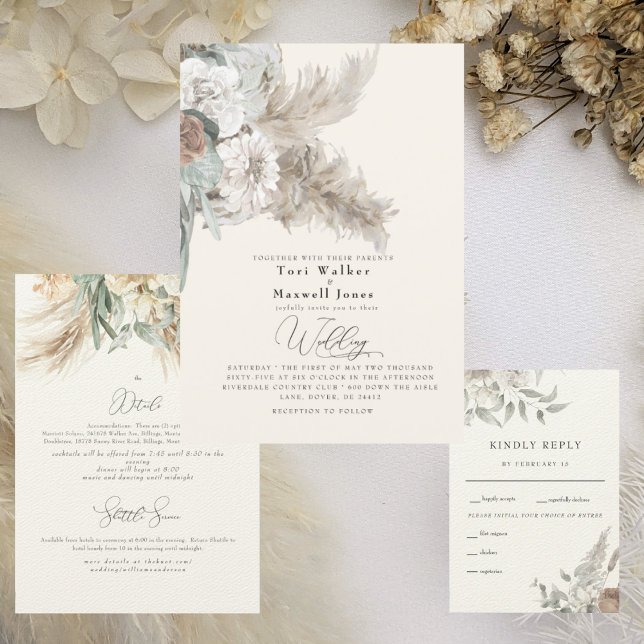 Boho Beige Pampas No Parents Wedding Invitation (Creator Uploaded)