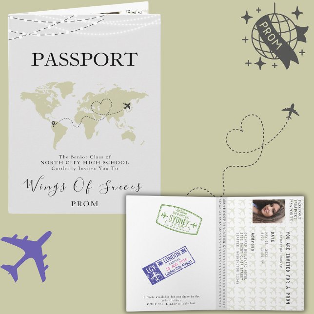 Boho Beige Passport Travel Prom Ball World Map   Invitation (Creator Uploaded)